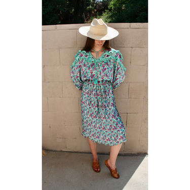 Diane Freis Dress // vintage 80s floral hippie midi green teal white formal // S/M 