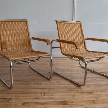 Pair Marcel Breuer B35 Rattan Lounge Chairs 