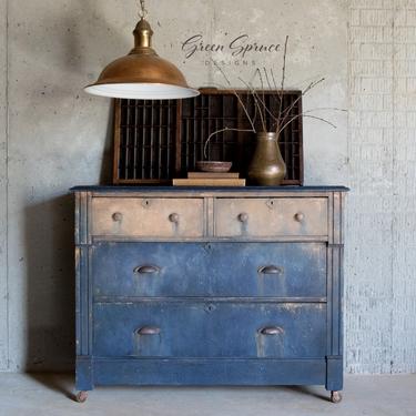 Hand Painted Artisan Chest of Drawers, Vintage Industrial Dresser 