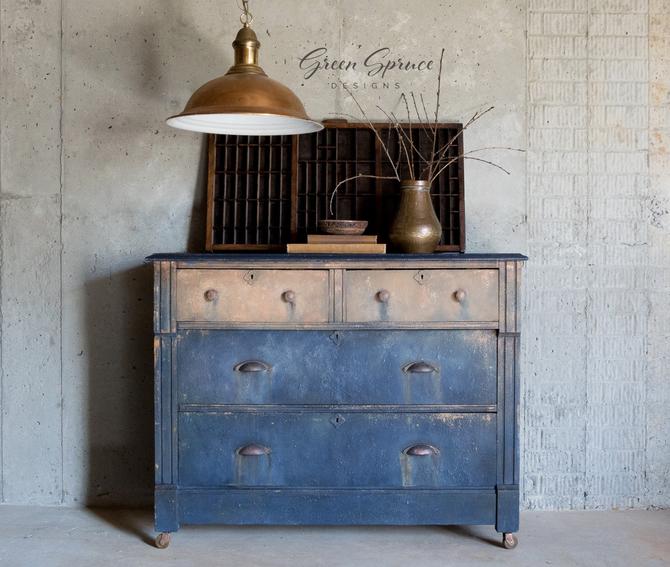 Hand Painted Artisan Chest of Drawers, Vintage Industrial Dresser 