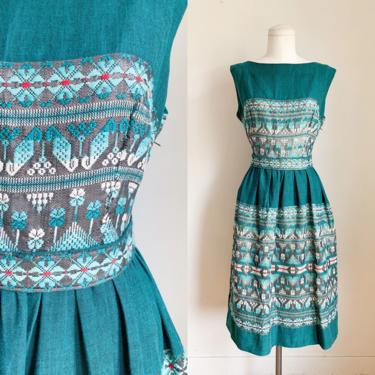 Vintage 1950s Green & Silver Woven Mexican Dress / M 