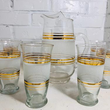 Mid Century Glass Pitcher and Glasses Set Gold Stripes 