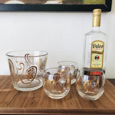 MID CENTURY MODERN Ice Bucket and 3 Glasses | Roman | Coin | Barware | Cocktail Set 