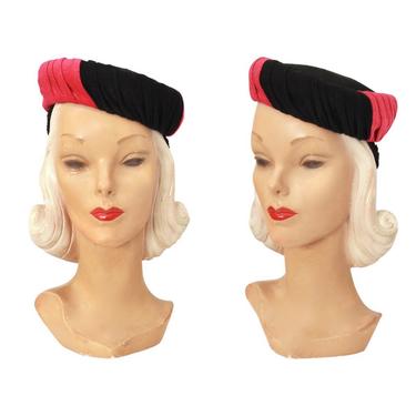 1940s Pink &amp; Black Turban Hat - 1940s Pink Hat - 1940s Black Hat - 1940s Turban Hat - 1940s Tilt Hat - Vintage Tilt Hat - Vintage Pink Hat 