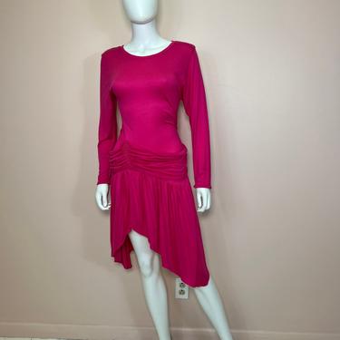 Vtg 1980s fuschia pink slinky ruched rayon dress 
