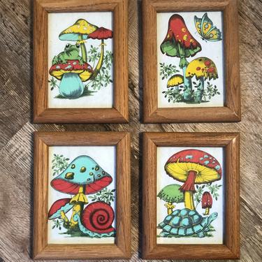 Vintage 1970s Set of 4 Whimsical Mushroom Framed Art Set Original Art on Felt Paper 