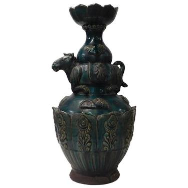 Chinese Oriental Ceramic Green Glaze Horse Theme Candle Holder Display cs1953E 