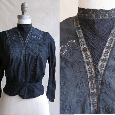 Antique Edwardian Black Blouse/ 1900s 1910s Cotton and Lace High Neck Bodice/ Victorian Mourning Blouse/ Size X Small 