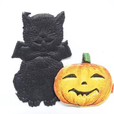 Antique German Small Black Cat & Jack-o-lantern Halloween Die Cut Embossed, Vintage Party Decor, Germany 