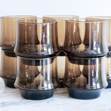 Unique Set of 10 Vintage Smokey Gray Mid-Century Cocktail Stackable Glasses 