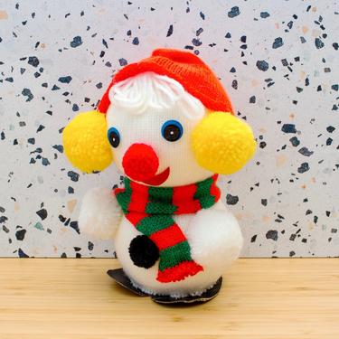 Vintage 1970s Knit Snowman Holiday Decoration - Cute Pompom Snowman Christmas Decor 