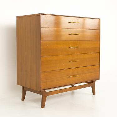 Rway Mid Century 5 Drawer Walnut and Brass Highboy Dresser - mcm 