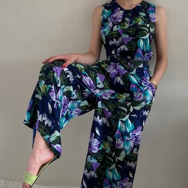 90s silk pant suit matching set / vintage blue floral washed silk sleeveless blouse + pleated wide leg palazzo pants suit | S 