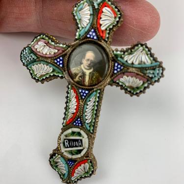 1940'S Micro Mosaic Crucifix Pendant - Italian Pope Pius XII Image - Beautiful Cut Glass Millefiori Details - Excellent Vintage Condition 