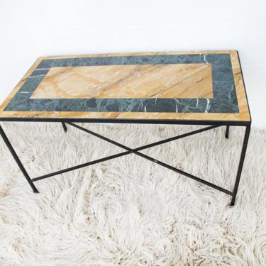 Vintage Solid Cast Iron Table with Marble Inlay Top in Gold and Green 