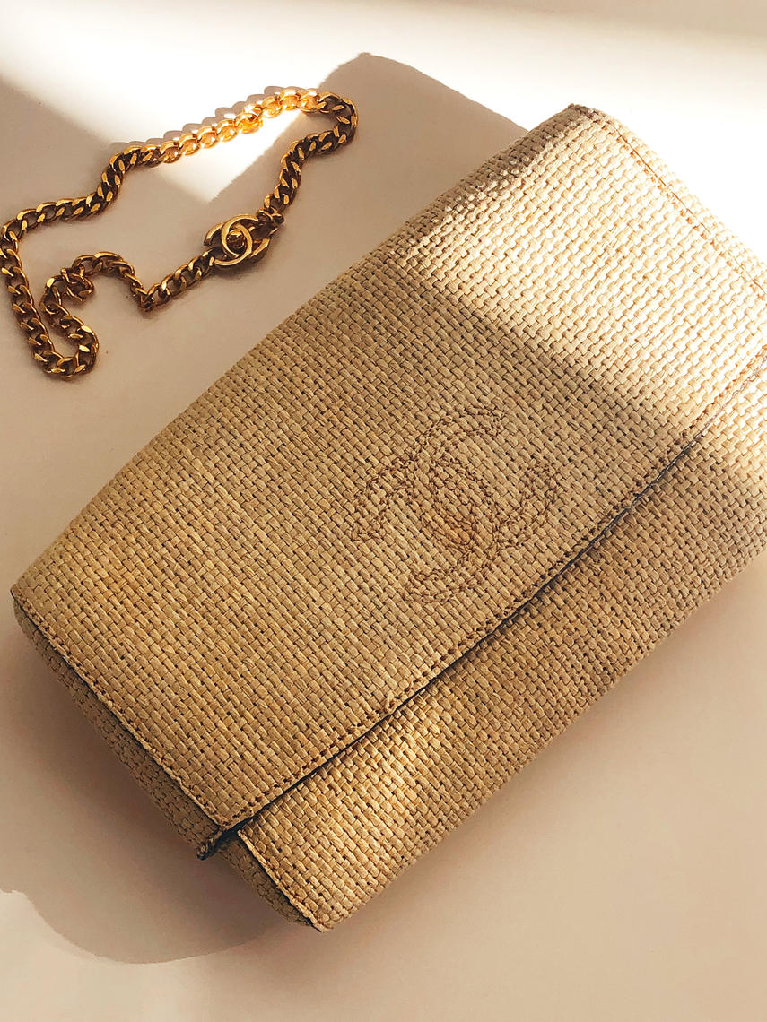 Vintage CHANEL Large CC Embroidered Logo Raffia Straw and Leather, Moonstone Vintage