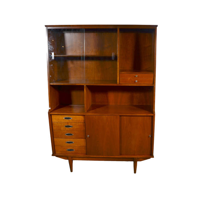 Walnut Hutch Bookcase China Cabinet Mid Century Modern 