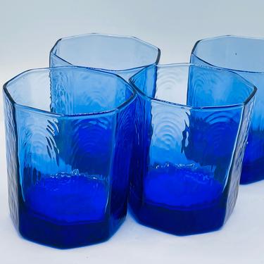 Vintage set of 4 Libbey &amp;quot;Facets&amp;quot; Cobalt Blue Old Fashioned Rocks Tumblers Glasses 8 panel 