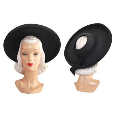 1940s Open Crown Sun Hat - 1940s Black Sun Hat - 1940s Black Platter Hat - 1940s Black Straw Hat - Vintage Platter Hat - 1940s Sun Hat 