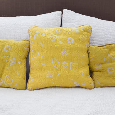 Set of 3 Bright Yellow Brocade Vintage Throw Pillows 