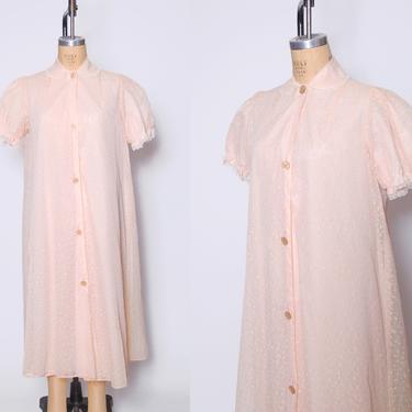 Vintage 50s pink floral robe / flocked floral robe / lace trim semi sheer house coat / vintage lingerie / 1950s loungewear / Basila robe 