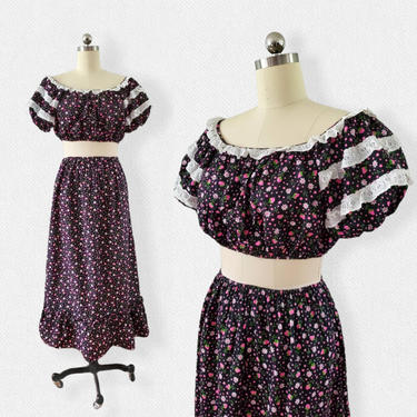 1970s Cotton Peasant Top and Matching Maxi Skirt 70's Boho Dresses 70s Women's Vintage Size Medium / Large 