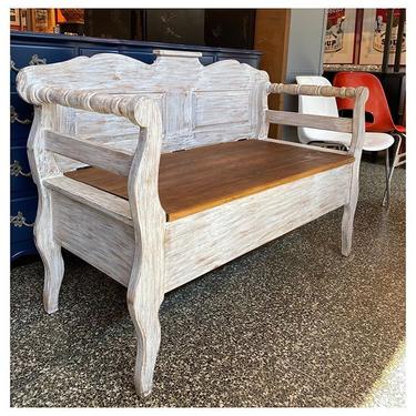 Antique / shabby chic bench / flat seat / storage 50.5” wide / 22” deep / 35” height (back) 19” height (seat) 