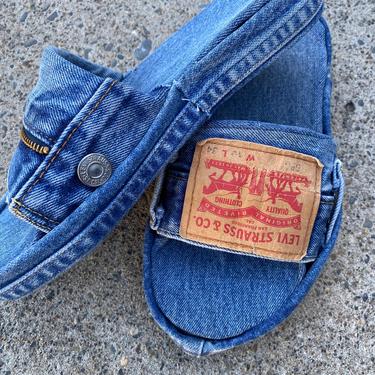 Vintage LEVI SLIDES, Levi’s jean sandal, repurposed denim Levis jean sandal, Unisex men’s women’s denim sandal made in usa women’s 7/8 