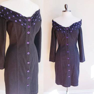 1990s Contempo Casuals Dress Black Denim Purple Polkadots / 90s Bodycon Button Down Wiggle Dress Off the Shoulder Long Sleeve / S M Cissy 