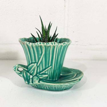 Vintage McCoy Planter Tree Leaves Seafoam Green Turquoise Blue Brush Attached Saucer Mid-Century Pottery Pot Made in the USA 1950s 50s 