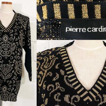 Vintage Glittery Gold Sweater Black V Neck Tunic Pullover Glitter Sparkle New Year's Eve Pierre Cardin Party Jumper 1980s Large XXL XL 