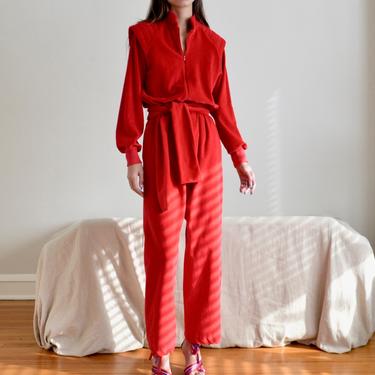 quilted shoulder red velour lounge jumpsuit with pockets 