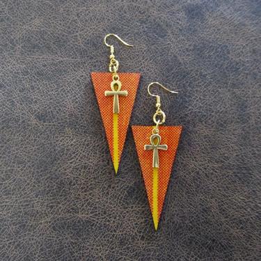 African print earrings, Ankara earrings, wood earrings, bold statement earrings, Afrocentric batik earrings, orange fabric earrings, ankh 