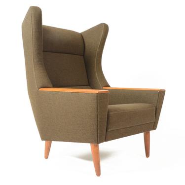 Danish Mid Century Modern Wingback Lounge Chair in Olive 