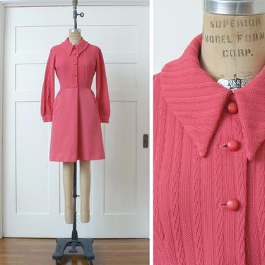 vintage 1970s bright pink dress • mod style double-knit dress with long puff sleeves &amp; big collar 