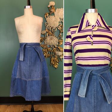 1970s skirt, vintage 70s skirt, denim wrap skirt, size small, patchwork, jean skirt, 26 27, tie waist, hippie style, bohemian, boho style 