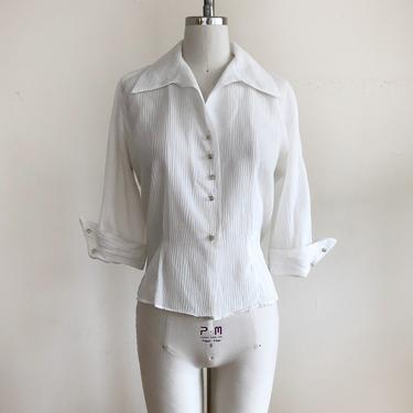 Sheer Textured Nylon Blouse with Rhinestone and Lucite Buttons - 1950s 
