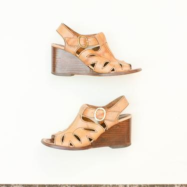 Cut Out Leather Wooden Wedge Sandals / Size 4.5 