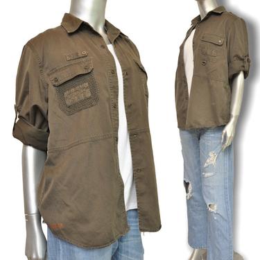 90’a Womens Lauren Ralph Lauren Army Green Military Style Shirt Snap Front Cargo Shirt 