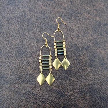Brass ethnic earrings, chandelier earrings, statement earrings, chunky bold earrings, etched metal earrings, green beaded earrings 2 
