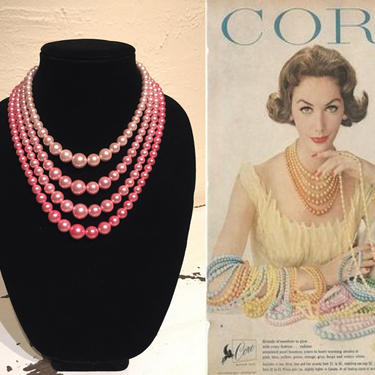 A Paradise of Pinks - Vintage 1950s Shell Pink Ombre 4 Strand Faux Pearl Necklace 