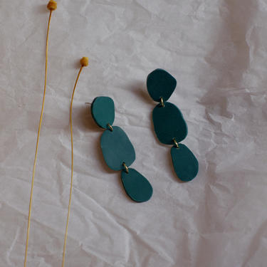 Teal Organic Shape Clay Statement Earrings / Blue Green / Abstract Art Form / Lightweight Dangle 