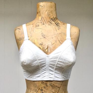Vintage Deadstock 1950s White Cotton Bullet Bra, 50s Maidenform Etude Pin-Up Brassiere w/Low Scoop Back, New With Tags, Size 34B 