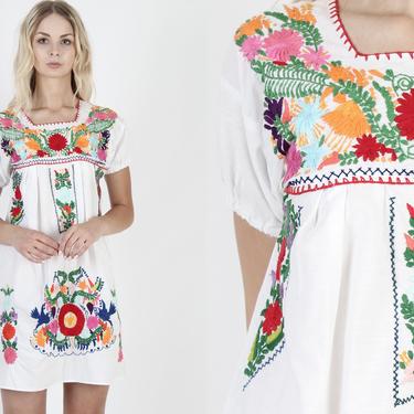 White Mexican Dress Puff Sleeve Fiesta Dress Ethnic Hand Embroidered Dress Vintage Bright Floral Boho Cotton Summer Tent Mini Dress 