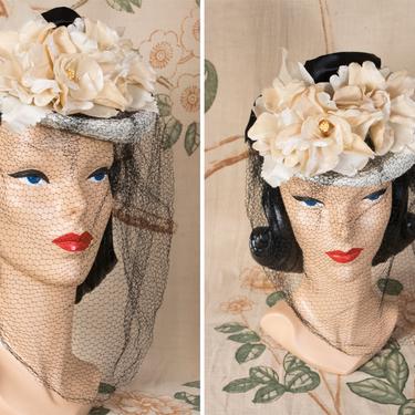 1940s Hat - Fantastic White Straw 40s Tilt Hat with Lush Roses and Dramatic Black Net Veil, a New York Creation 