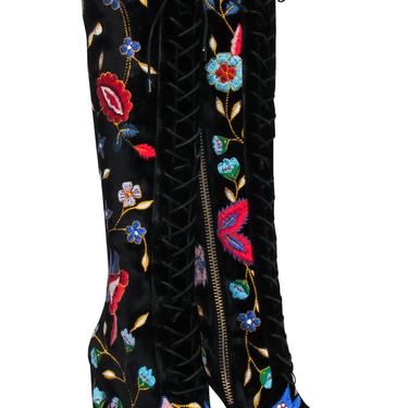 Alice & Olivia - Black Velvet Embroidered Lace-Up Heeled Knee High Boots Sz 6
