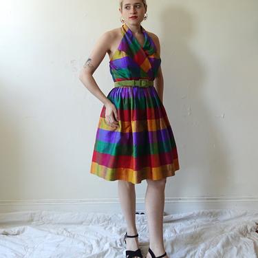 Vintage Raw Silk Checked Halter Dress/ 1990s Liz Claiborne Jewel Tone Fit and Flare Taffeta Party Dress/ Size Medium 
