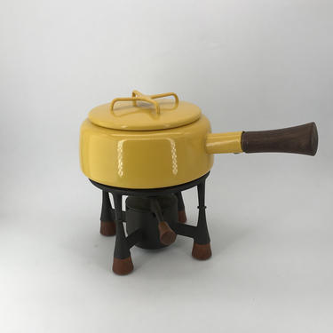 1960s Flower Power Yellow Fondue Pot Teak Cast Iron Enameled Vintage Mid-Century Scandinavian Cabinmodern 