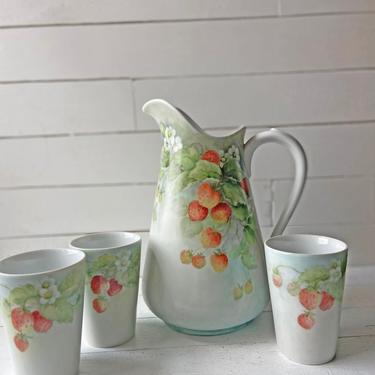Vintage Hand Painted Strawberry Stoneware Pitcher With 3 Cups | Farmhouse, Rustic, Cottagecore, French Country Pitcher And Cups, Gift 