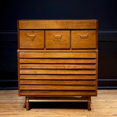 American of Martinsville Dania Mid Century Modern Walnut and Brass Highboy Dresser Chest of Drawers by Merton Gershun 